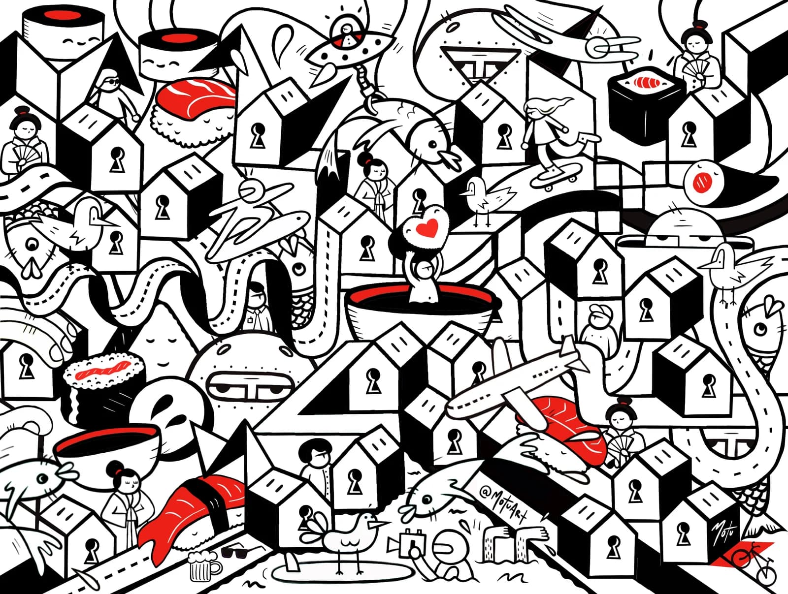 Ilustração digital para embalagens da Deka Sushi · mural que pintei